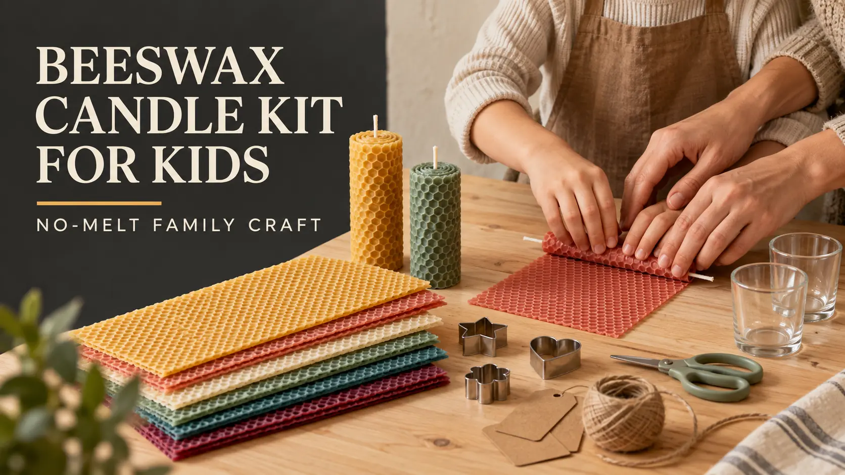 Adult guiding a child while rolling colorful beeswax sheets into no-melt candles for a family craft project.