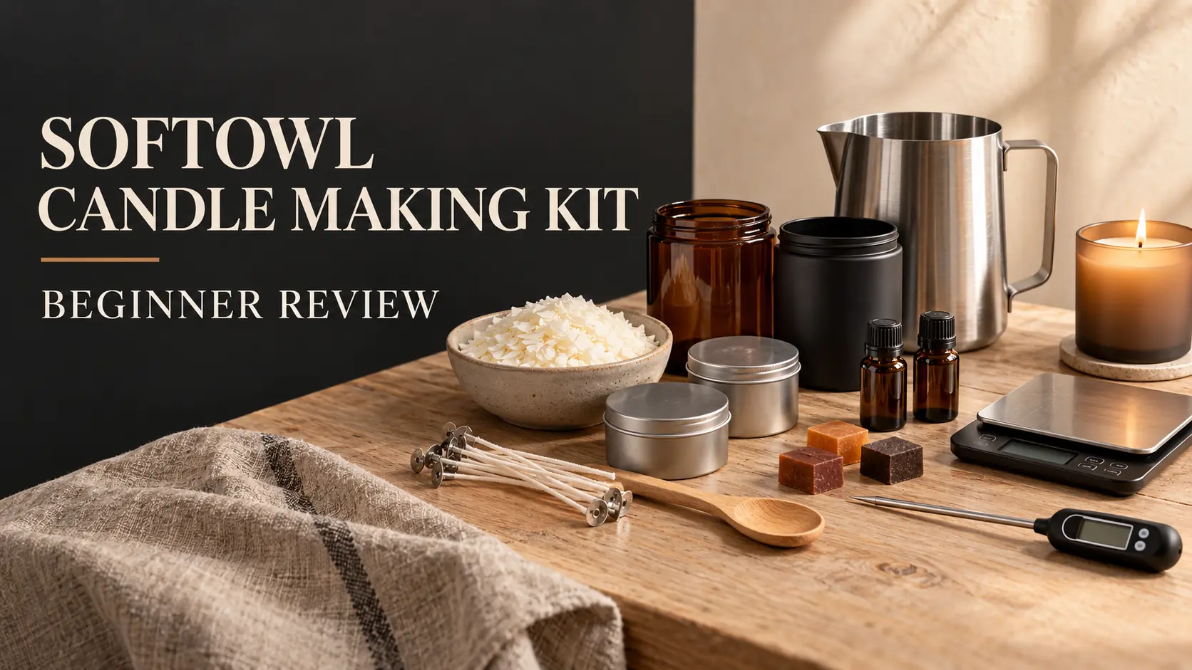 SoftOwl candle making kit review featuring soy wax, candle jars, wicks, fragrance oils and beginner candle-making tools.