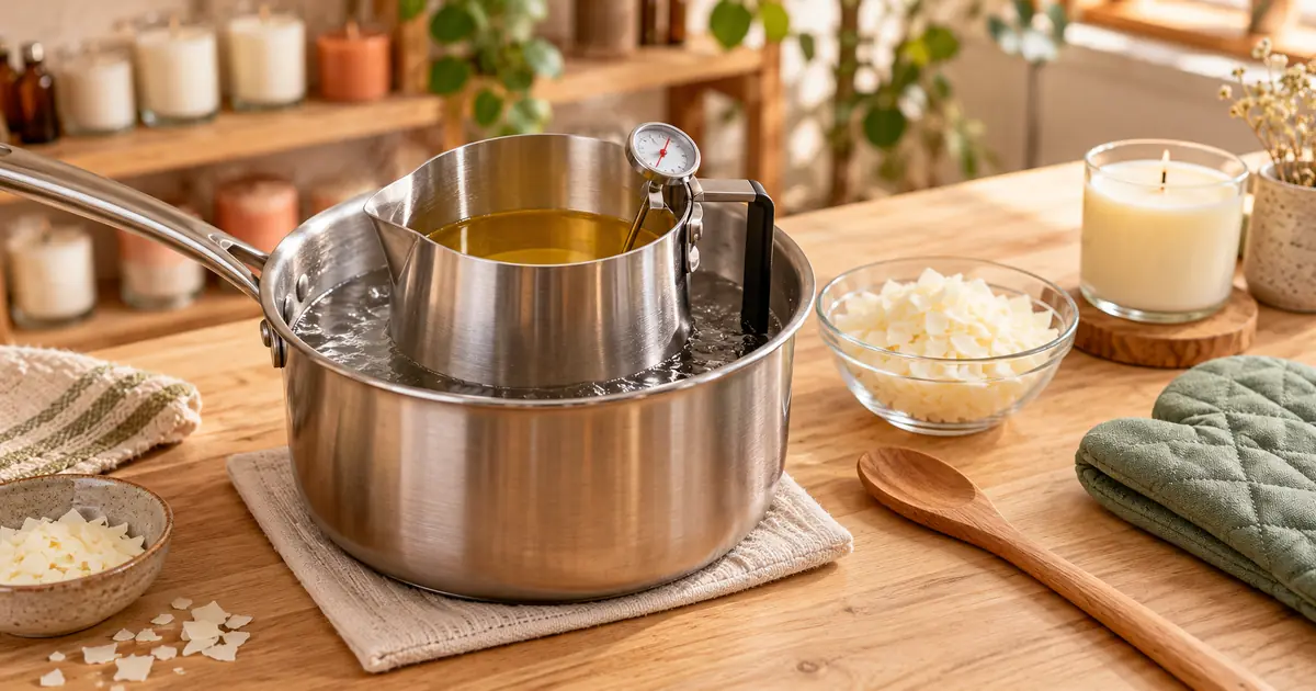 Stainless-steel double boiler melting candle wax with a thermometer, wax flakes and candle-making tools.