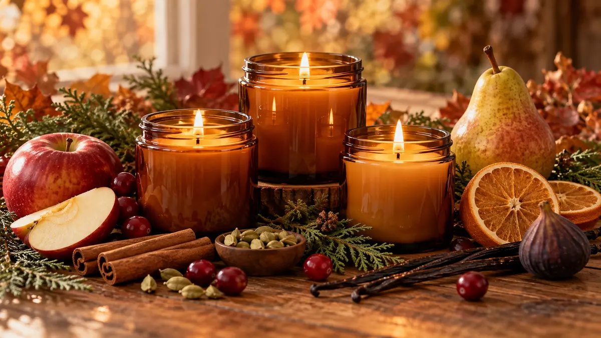 Fall candle scent combinations with amber candles, apples, pear, cinnamon, dried orange, cardamom, vanilla, cranberries, and cedar