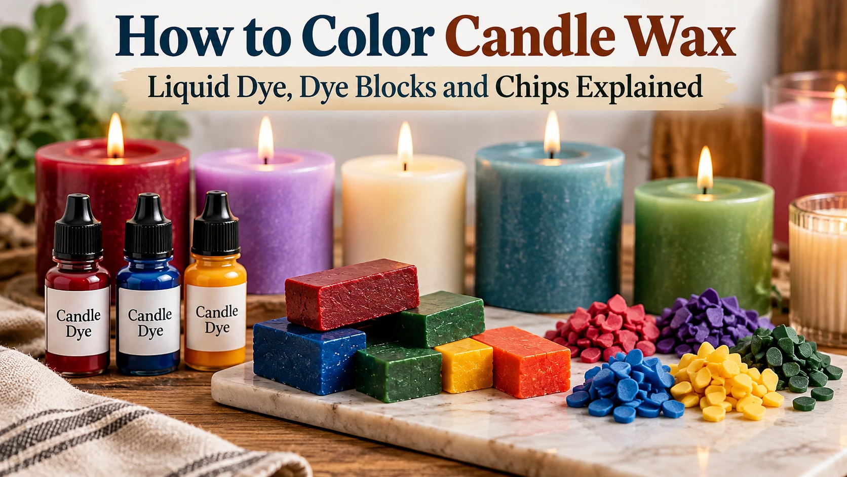 Colorful handmade candles displayed with liquid candle dye bottles, solid dye blocks, and dye chips, illustrating methods for coloring candle wax.