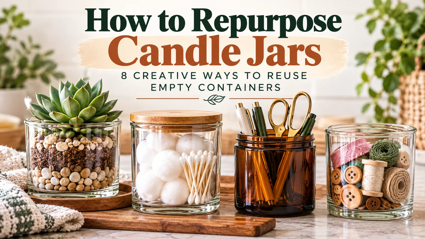 Creative ways to repurpose empty candle jars as a succulent planter, bathroom storage container, desk organizer, and craft supply holder.